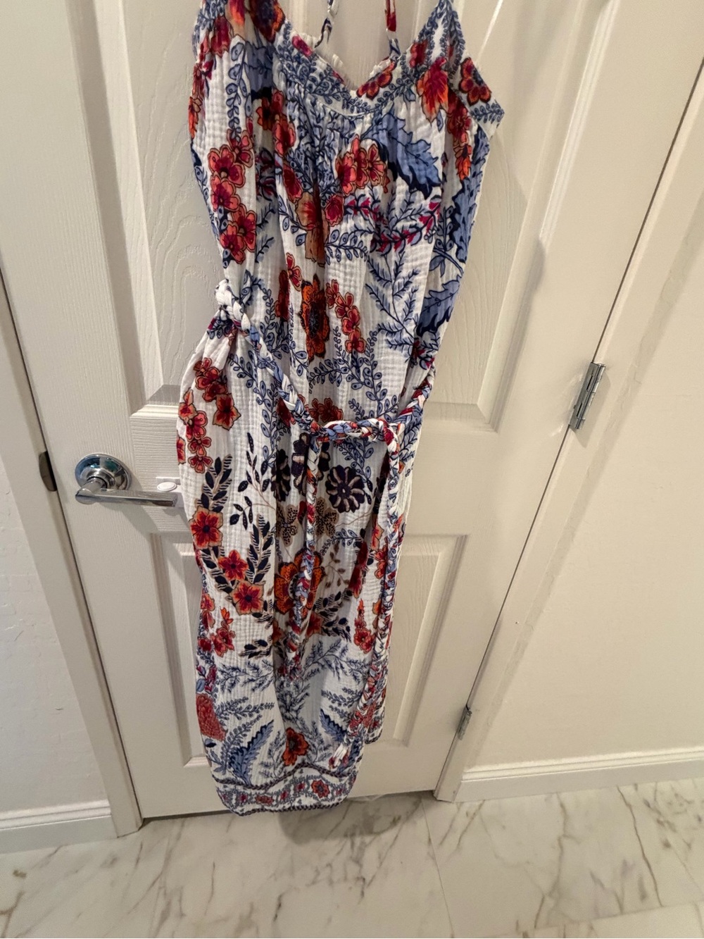 White Floral Maxi Dress with Blue & Orange Print - Picture 3 of 8